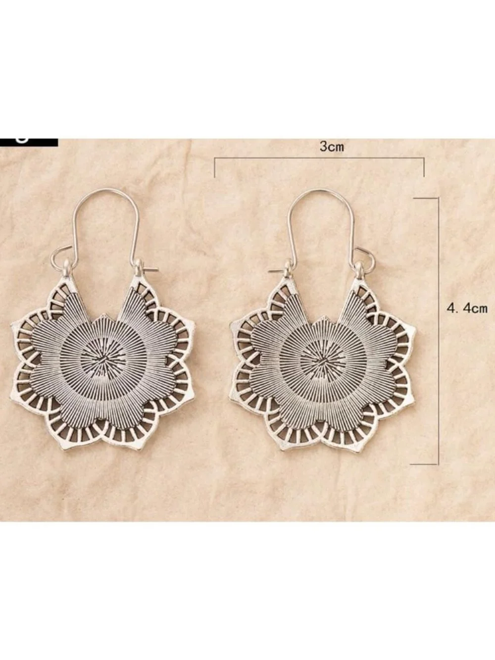 Mandala Style Silver Drop Earrings Lightweight Boho Floral Design